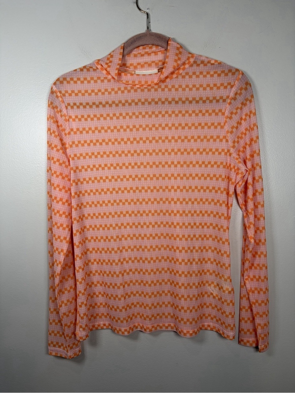 Maeve Mesh Mock Neck Top Size Large Geometric Orange Sheer Layer Shirt